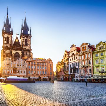 old town square and church of our lady before týn in prague at sunrise czech republic