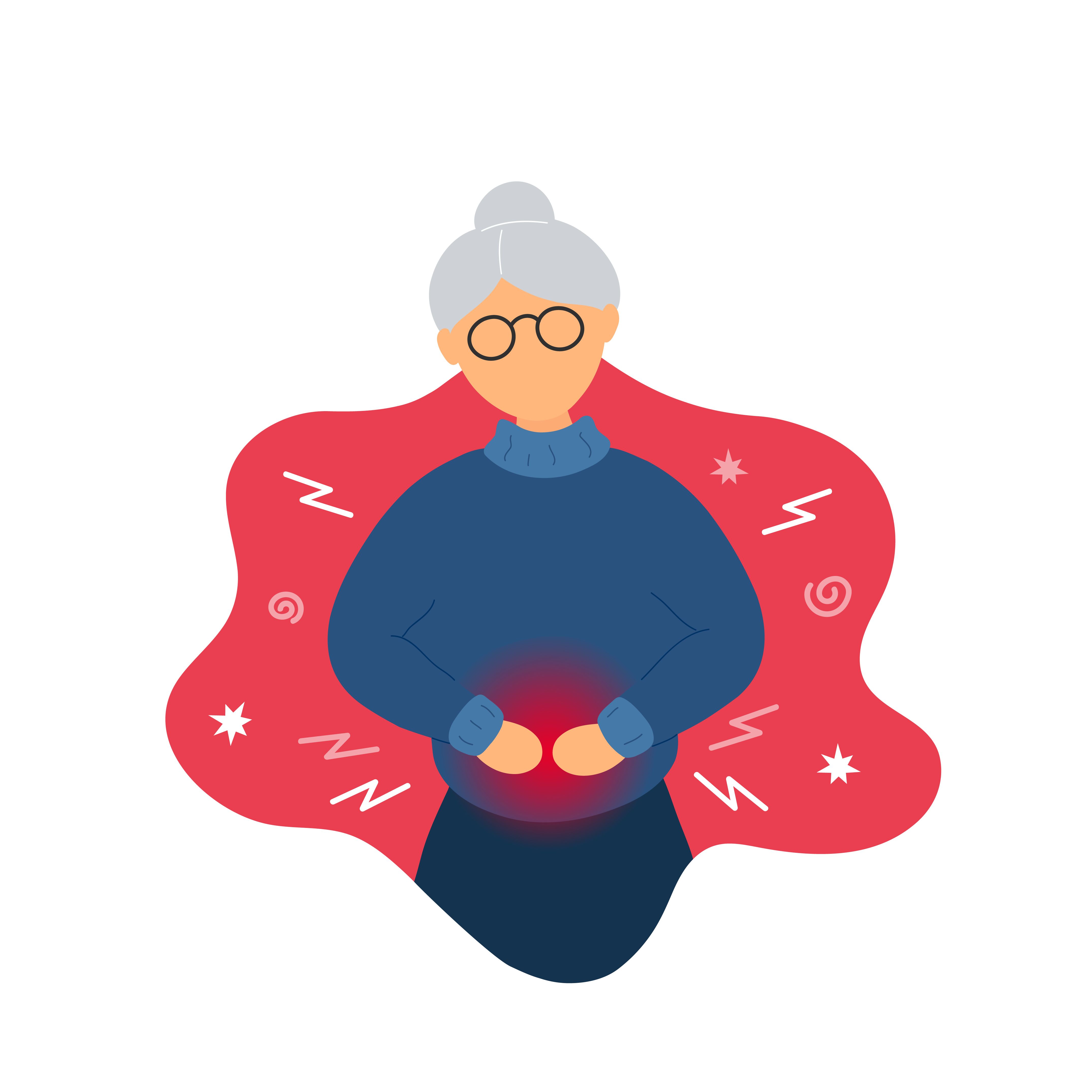 old woman with stomachache toucing belly
