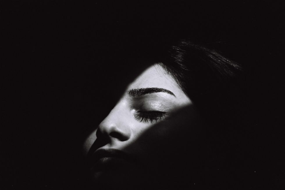 Face, Black, White, Black-and-white, Nose, Darkness, Lip, Monochrome photography, Head, Monochrome, 