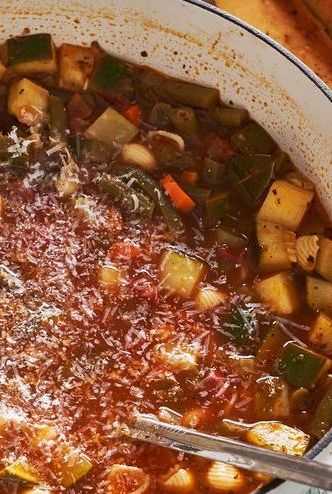 olive garden copycat minestrone topped with parmesan in a pot