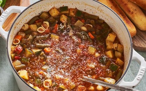 olive garden copycat minestrone topped with parmesan in a pot