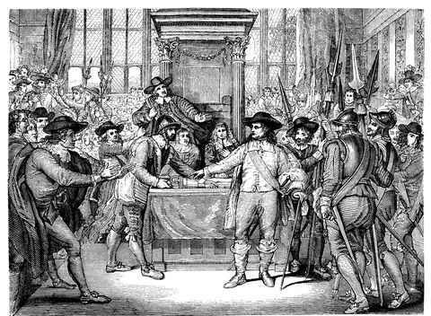 oliver cromwell dissolving parliament and removing the mace victorian woodcut