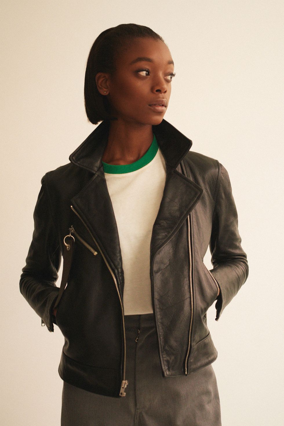 Jacket, Leather, Clothing, Black, Leather jacket, Outerwear, Textile, Fashion, Top, Sleeve, 