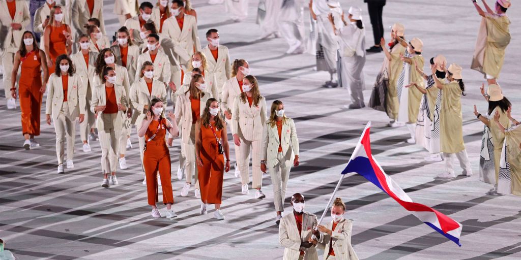 tokyo, japan july 23 flag bearers keet oldenbeuving and churandy martina of team netherlands during the opening ceremony of the tokyo 2020 olympic games at olympic stadium on july 23, 2021 in tokyo, japan photo by patrick smith getty images