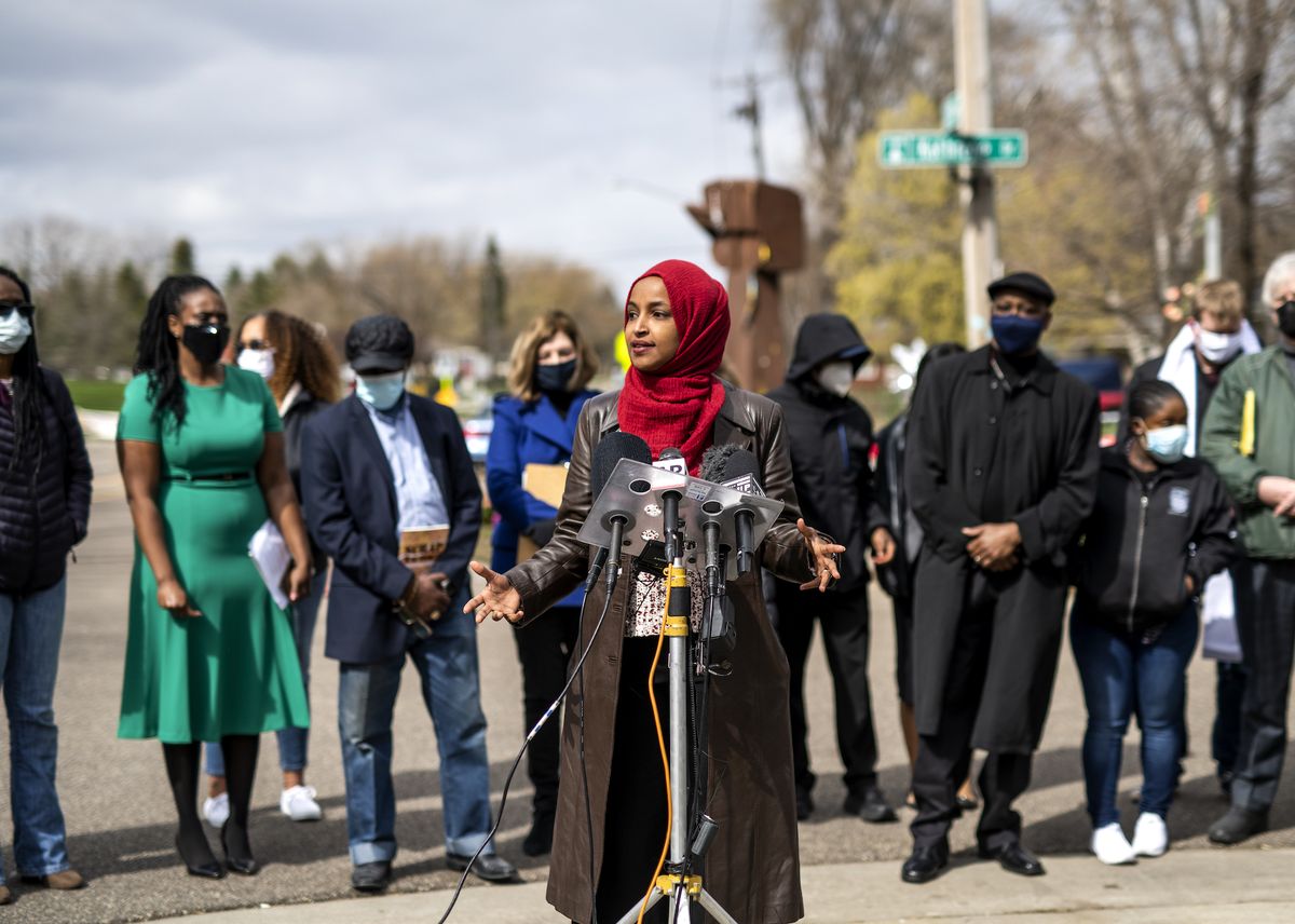 brooklyn center, mn   april 20 rep ilhan omar d mn speaks during a press conference at a memorial for daunte wright on april 20, 2021 in brooklyn center, minnesota twenty year old daunte wright was shot and killed during a traffic stop on april 11, 2021 by brooklyn center police officer kim potter, who has since resigned and been charged with second degree manslaughter photo by stephen maturengetty images