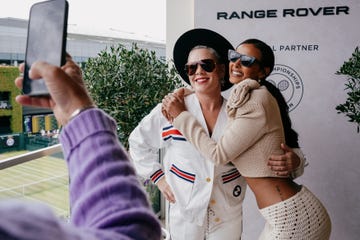 pink and maya jama at the harper's bazaar range rover wimbledon lunch