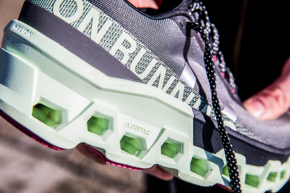 Closeup of a running shoe featuring a unique cushioned sole