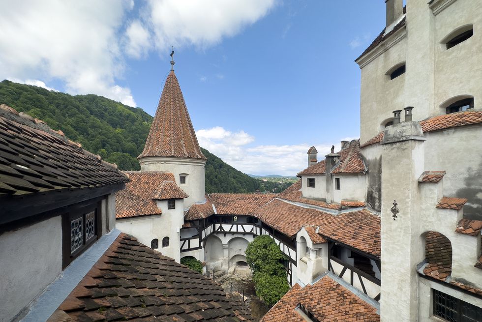 bran castle, bran, in transylvania, romania,14 july 2023, place of dracula in transylvania, the courtyard of the castle, romanian famous destination in eastern europe