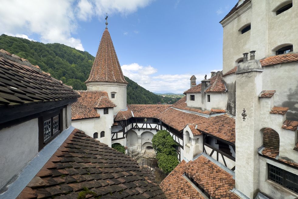 bran castle, bran, in transylvania, romania,14 july 2023, place of dracula in transylvania, the courtyard of the castle, romanian famous destination in eastern europe