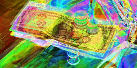 us one dollar bill and coins, abstract color effect