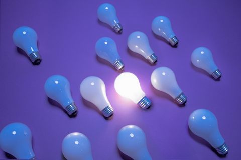 one lit lightbulb among many