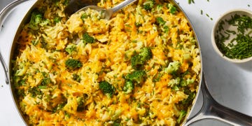 cheesy broccoli cheddar orzo in a pan