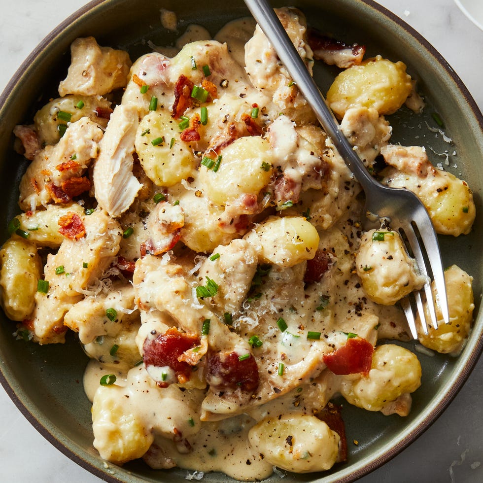 chicken and bacon in a creamy sauce with gnocchi