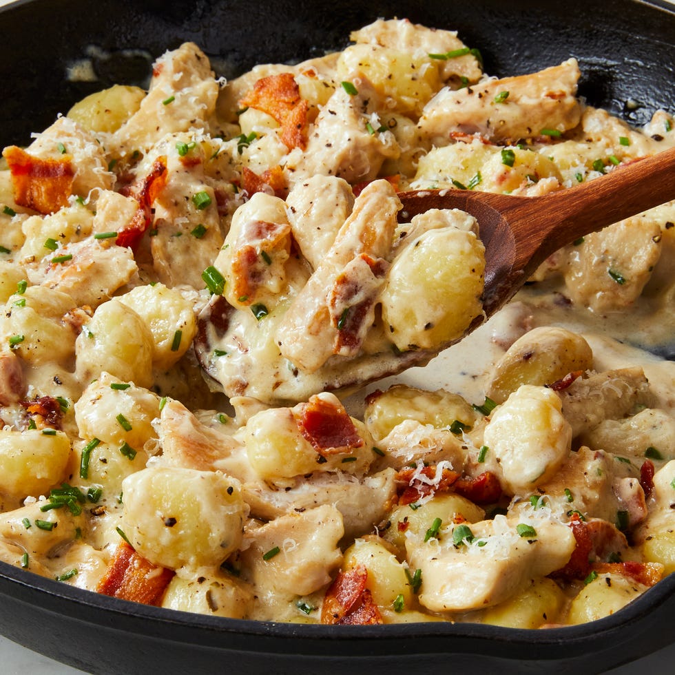 chicken and bacon in a creamy sauce with gnocchi