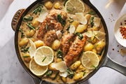 skillt with creamy lemon parm gnocchi and chicken breast