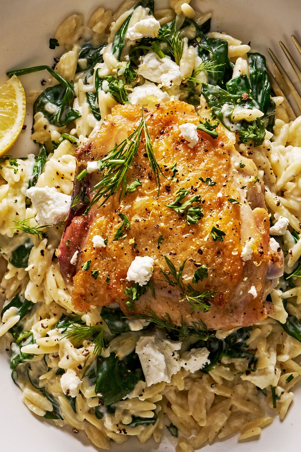one pan lemon chicken and orzo with feta and herbs