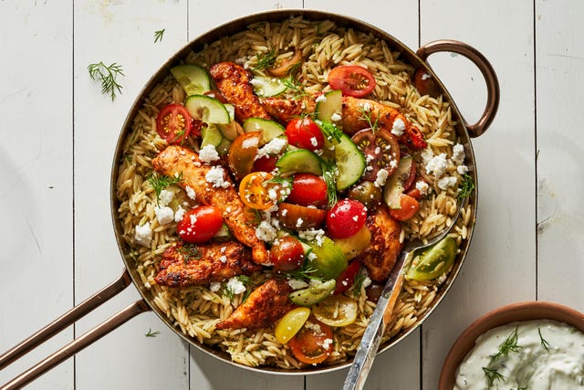 one pot shawarma chicken orzo skillet