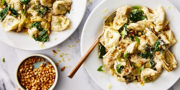 creamy tortellini with artichokes, spinach, kale, and toasted pine nuts