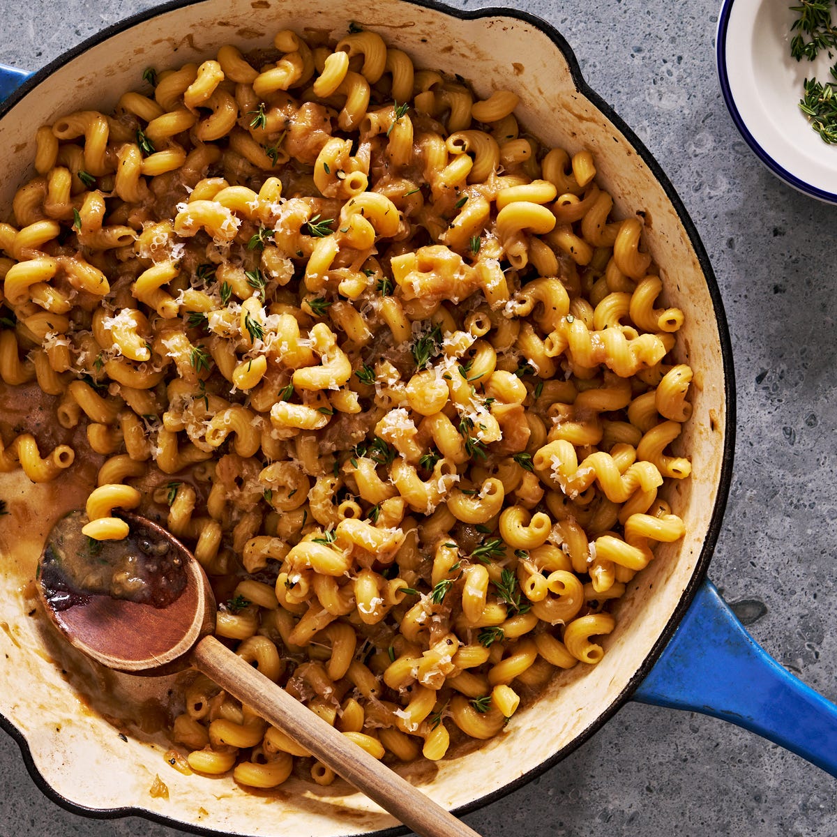 one pot french onion pasta with cavatappi noodles