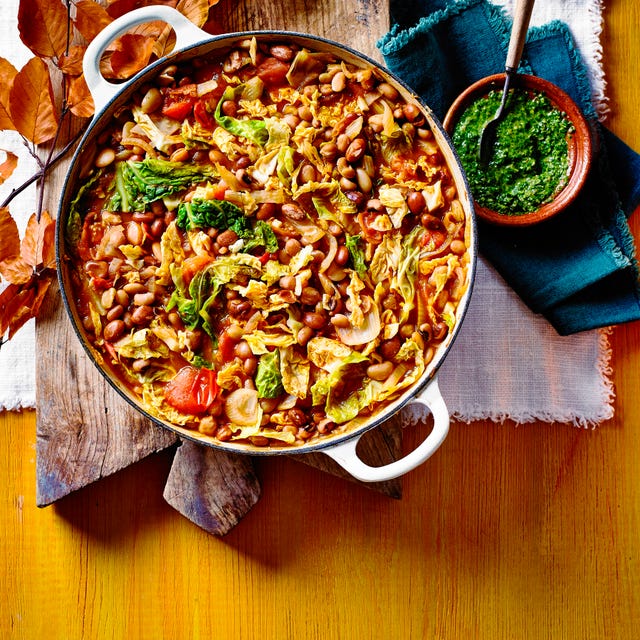 mixed bean stew with salsa verde