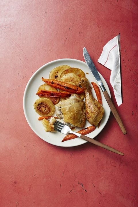 passover recipes roast chicken with caramelized potatoes, carrots and onions