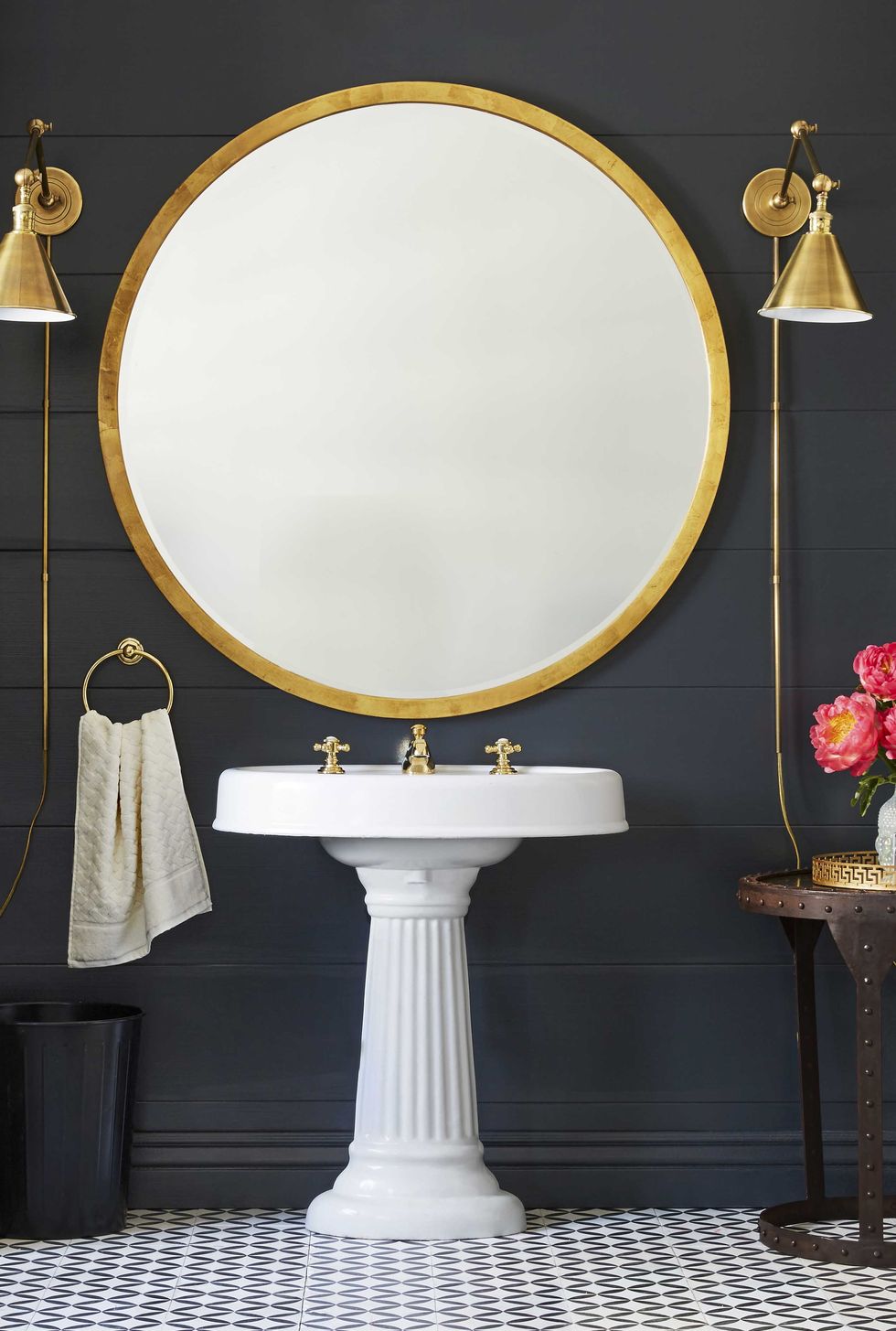 bathroom paint colors, deep navy powder room with large round mirror and white sink