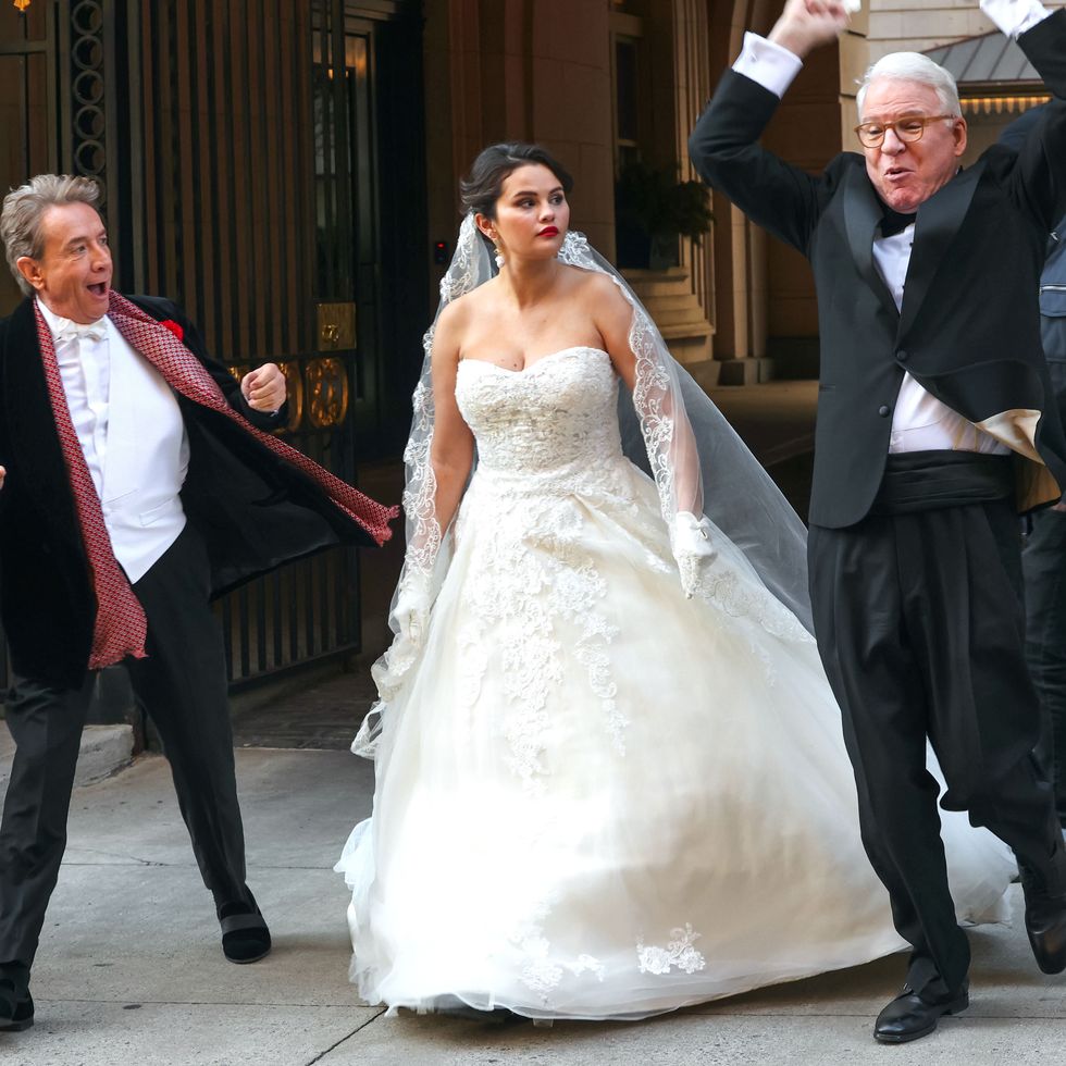 new york, ny march 21 martin short, selena gomez and steve martin are seen at the film set of the only murders in the building tv series on march 21, 2023 in new york city photo by jose perezbauer griffingc images