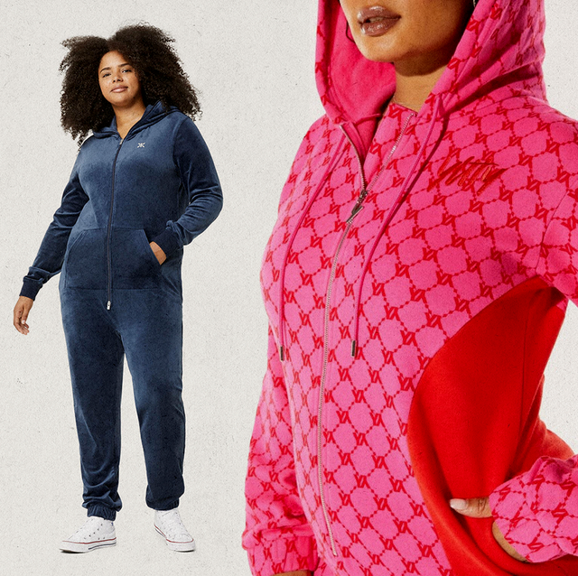 a person standing next to a model wearing a pink and blue onesie