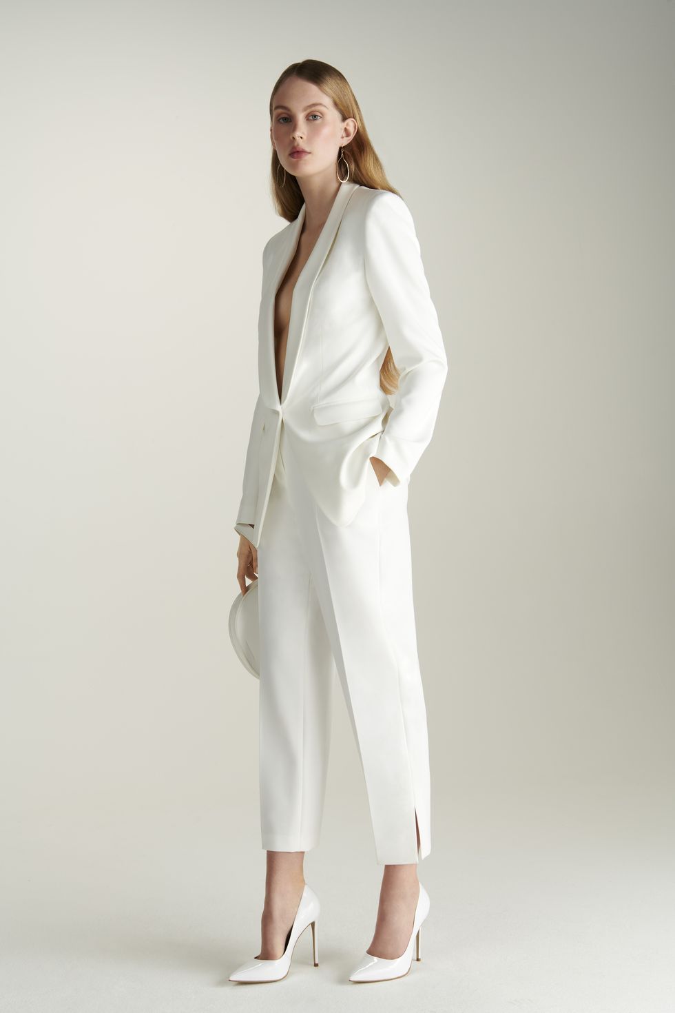 Clothing, White, Fashion model, Fashion, Robe, Formal wear, Outerwear, Shoulder, Suit, Neck, 