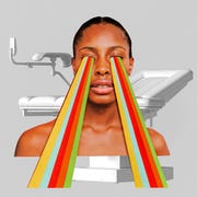 black woman with rainbow coming out of her eyes in front of a medical table black woman with rainbow coming out of her eyes in front of a medical table