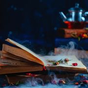open book with mysterious smoke and rose petals teacup out of focus on a dark background spellbook and modern magic concept