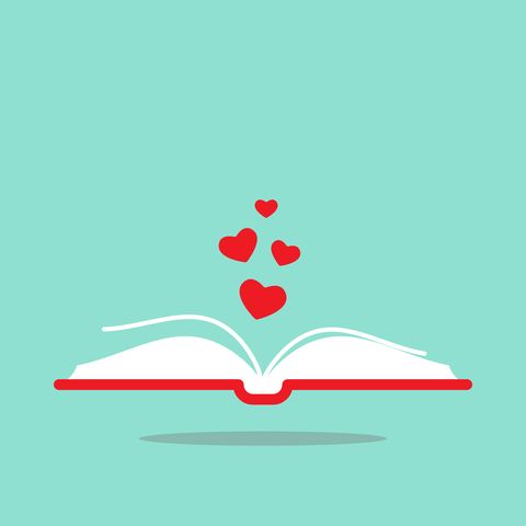 open book with red cover and red hearts flying out