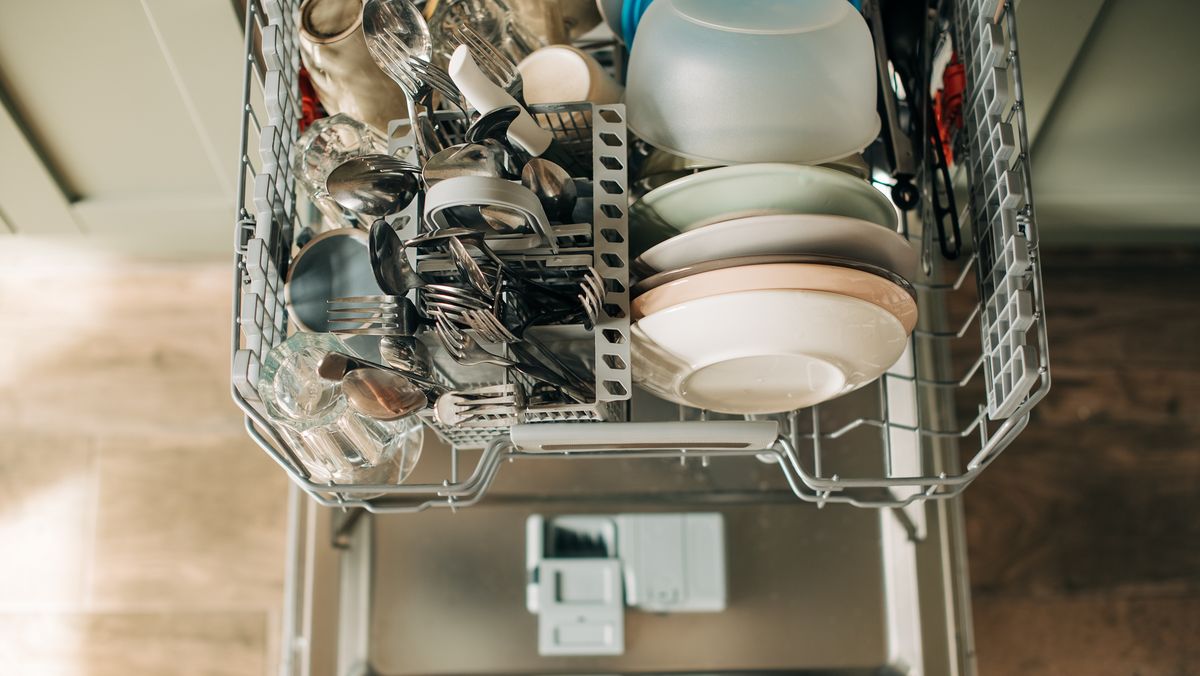 open dishwasher with clean dishes in the white kitchen