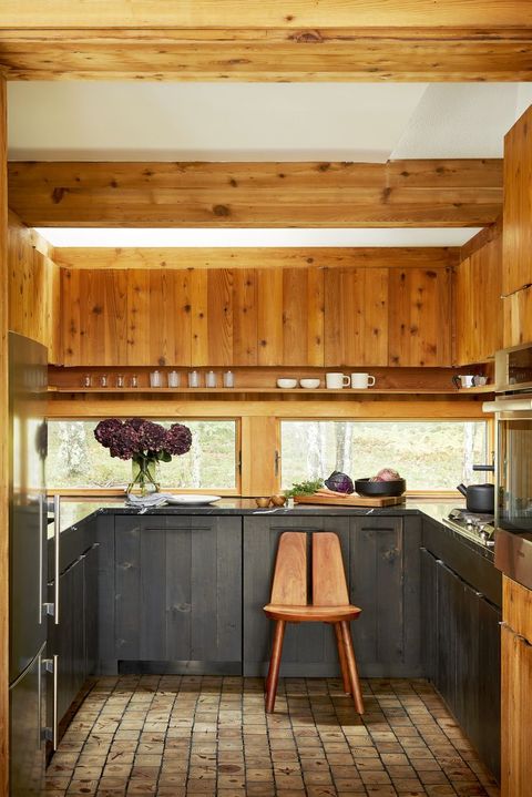open and closed cabinetry in warm wood