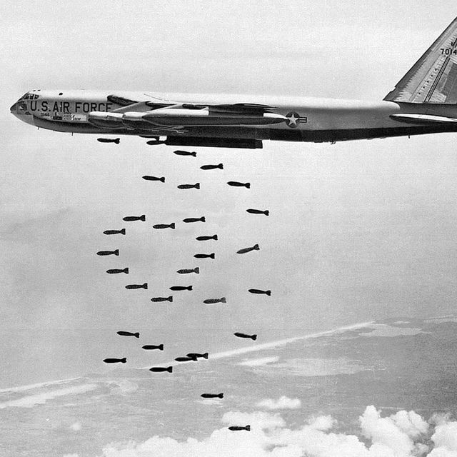indochina laos cambodia vietnam united states air force boeing b 52 stratofortress releasing a payload of bombs over indochina as part of 'operation arc light' 1965 1973, c 1968
