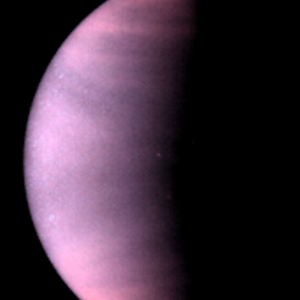This is a NASA /ESA Hubble Space Telescope ultraviolet-light image of the planet Venus, taken on January 24 1995, when Venus was at a distance of 114 million kilometers) from Earth. Venus is covered with clouds made of sulfuric acid, rather than the water-vapor clouds found on Earth. These clouds permanently shroud Venus' volcanic surface.