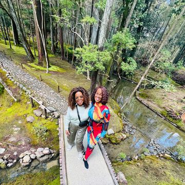 oprah and gayle in a moss forest in kyoto