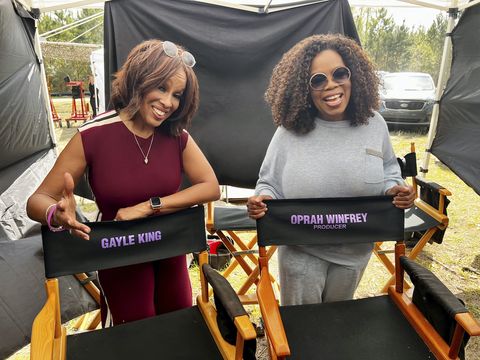 oprah and gayle king on the set of the color purple