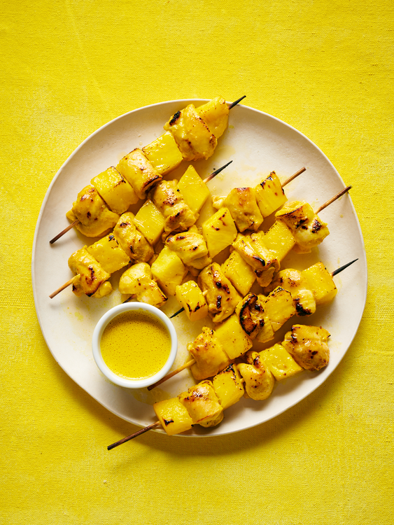 pineapple chicken satay with sunshine sauce