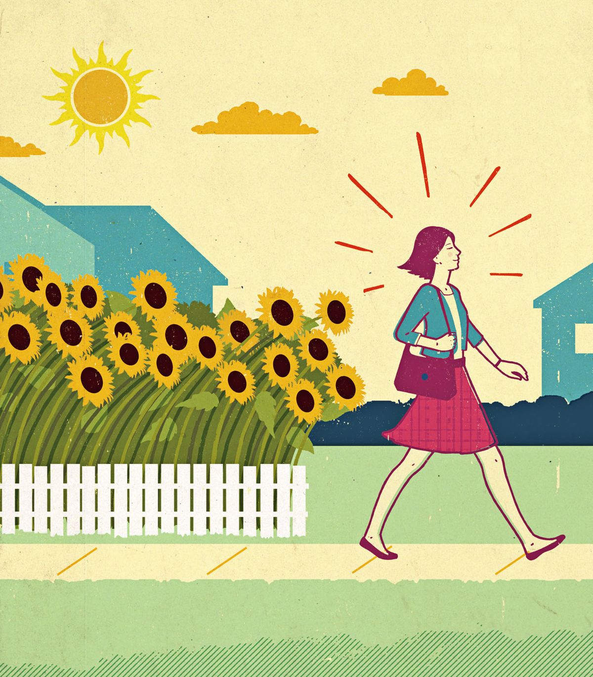 woman walking with sunflowers