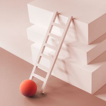 one orange sphere about to climb up ladder reach to a higher point