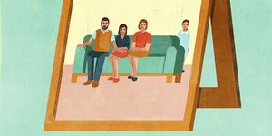 illustration, framed portrait of a family sitting on a couch with one daughter standing apart