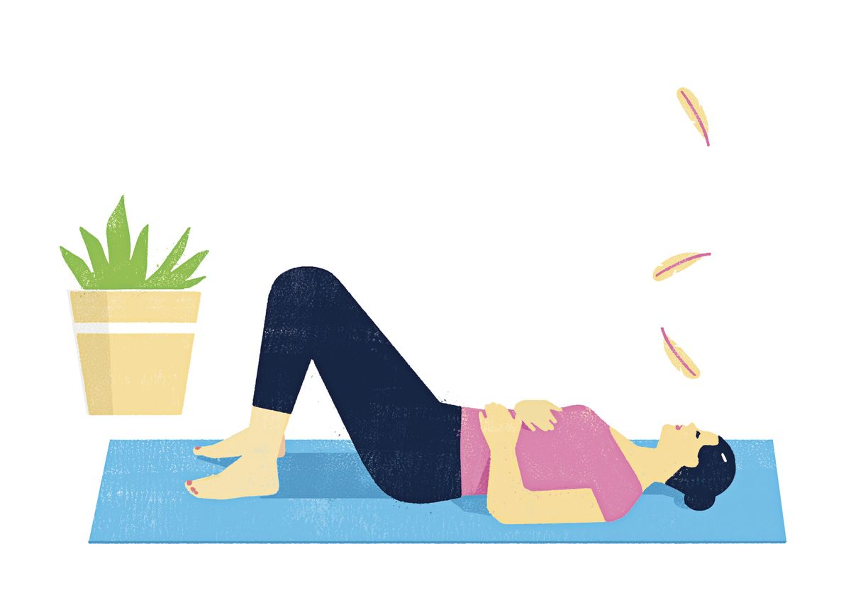 illustration, woman relaxing on yoga mat practicing deep breathing exercise