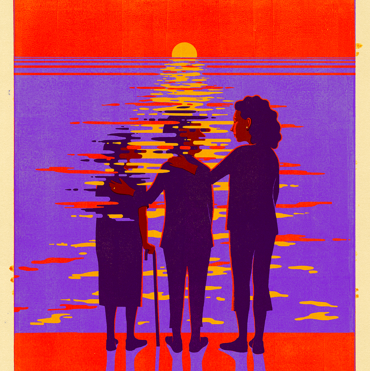 three women standing looking out at a sunset over water