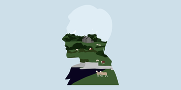 silhouette of a persons head filled with a landscape featuring hills a barn and sheep