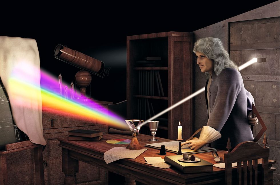 Rond 1666 voerde Newton een ingenieus experiment uit om aan te tonen dat het witte licht allesbehalve puur is maar juist uit alle kleuren van het spectrum bestaat Hij noemde het een experimentum crucis of cruciaal experiment en hij legde het in een van zijn schriften uit met behulp van een diagram Een straal zonlicht komt binnen door een gat 1 in een donkere kamer Een lens 2 leidt de straal naar een prisma 3 dat het licht breekt in stralen van vijf verschillende kleuren in andere experimenten spreekt Newton van zes of zeven kleuren die op een vlak 4 geprojecteerd worden Een straal van n kleur gaat door een gat in het vlak en door een tweede prisma 5 en verandert daardoor niet meer van kleur of de straal nu rood blauw of violet is Hiermee is aangetoond dat kleur niet het product is van de lichtbreking
