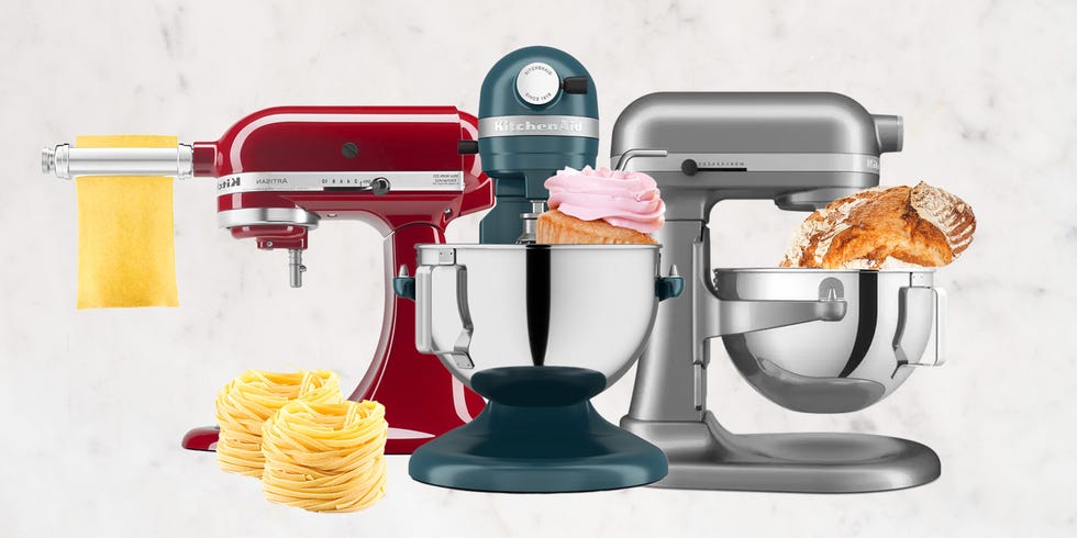 variety of kitchenaid stand mixers with ingredients and baked goods