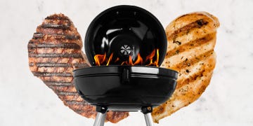 grill with two types of grilled meat on either side