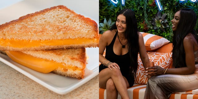 love island usa women sitting on a couch next to a large grilled cheese