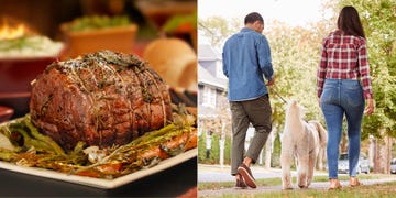 a split image featuring a roasted meat dish and a couple walking a dog
